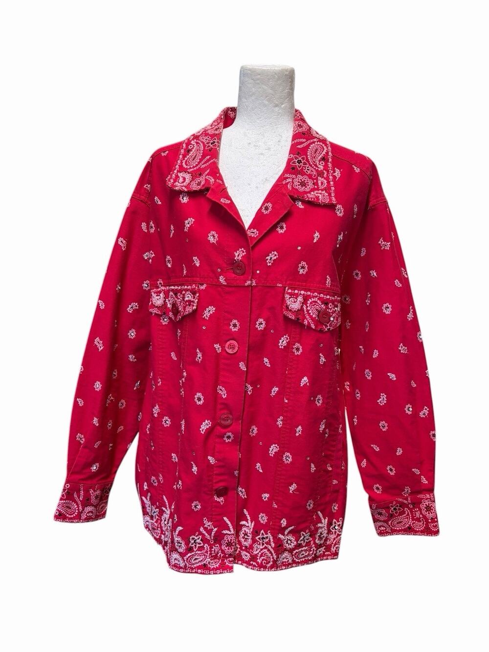 Quacker Factory Red Bandana Print Jacket Beaded Sparkle Western Festival 2XL